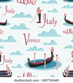 Hello, Italy, Venice. Gondolas and gondolier. Seamless pattern. Invitation to travel to Italy. Italian male profession. Design elements for the background of the site, tourist poster, textiles.