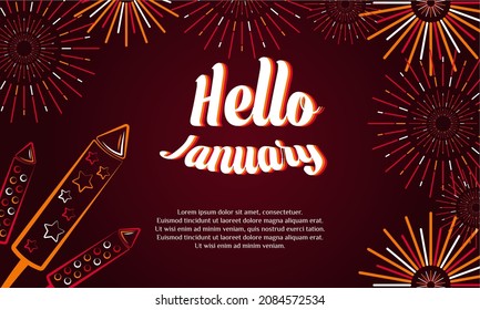 Hello January Background or Greeting Card Design. With gunpowder, fireworks, and bonfire icon. Premium vector template