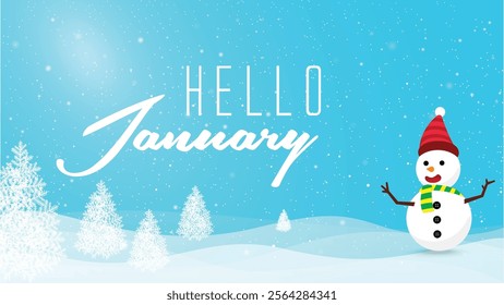 Hello January Background or Greeting Card Design with pine trees and Snow Man.