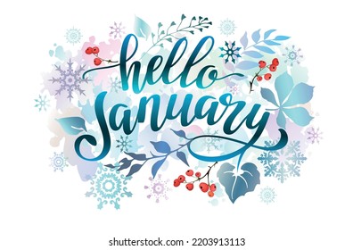 Hello January banner with colorful leaves, snowflakes, berries and lettering inscription. Winter background. Vector illustration.