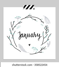 Hello january! branches and leaves round frame. Wreath of winter leaves. January card. Vector illustration.