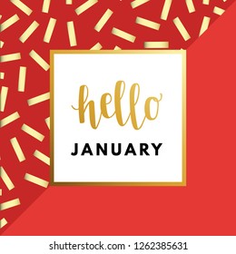 Hello January creative, minimal, printable journaling, winter greeting card. Original golden logo in frame on abstract red background. Modern design for banner, poster, flyer, package template.