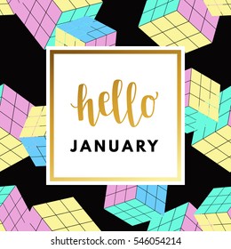 Hello January creative, printable journaling, wedding day greeting card. Gold minimal logo in frame on abstract background Vintage modern design for banner, poster, flyer, package template.