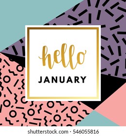 Hello January creative, printable journaling, wedding day greeting card. Gold minimal logo in frame on abstract background Vintage modern design for banner, poster, flyer, package template.