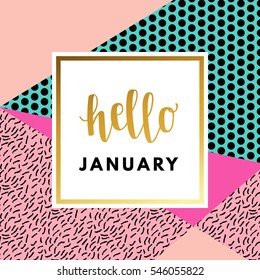 Hello January creative, printable journaling, wedding day greeting card. Gold minimal logo in frame on abstract background Vintage modern design for banner, poster, flyer, package template.