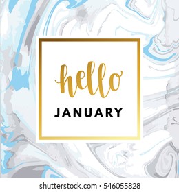 Hello January creative, printable journaling, wedding day greeting card. Gold minimal logo in frame on abstract background Vintage modern design for banner, poster, flyer, package template.