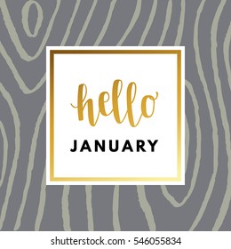 Hello January creative, printable journaling, greeting card. Gold minimal logo in frame on abstract background Vintage modern design for banner, poster, flyer, package template.