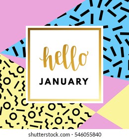 Hello January creative, printable journaling, wedding day greeting card. Gold minimal logo in frame on abstract background Vintage modern design for banner, poster, flyer, package template.