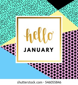 Hello January creative, printable journaling, wedding day greeting card. Gold minimal logo in frame on abstract background Vintage modern design for banner, poster, flyer, package template.