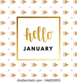 Hello January creative, printable journaling, wedding day greeting card. Gold minimal logo in frame on abstract background Vintage modern design for banner, poster, flyer, package template.