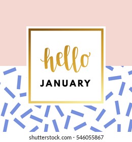 Hello January creative, printable journaling, wedding day greeting card. Gold minimal logo in frame on abstract background Vintage modern design for banner, poster, flyer, package template.