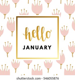 Hello January creative, printable journaling greeting, valentine day greeting card. Gold minimal logo in frame on abstract background Vintage modern design for banner, poster, flyer, package template.