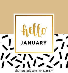 Hello January creative, printable journaling greeting, valentine day greeting card. Gold minimal logo in frame on abstract background Vintage modern design for banner, poster, flyer, package template.