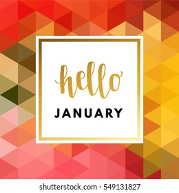 Hello January creative, printable journaling, winter greeting card. Gold minimal logo in frame on abstract background Vintage modern design for banner, poster, flyer, package template.