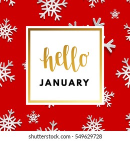 Hello January creative, printable journaling, winter greeting card. Gold minimal logo in frame on abstract background Vintage modern design for banner, poster, flyer, package template.
