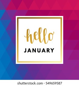 Hello January creative, printable journaling, wedding, winter greeting card. Gold minimal logo in frame on abstract background Vintage modern design for banner, poster, flyer, package template.