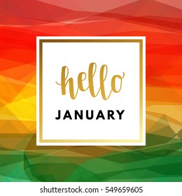 Hello January creative, printable journaling, wedding, winter greeting card. Gold minimal logo in frame on abstract background Vintage modern design for banner, poster, flyer, package template.