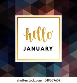 Hello January creative, printable journaling, wedding, winter greeting card. Gold minimal logo in frame on abstract background Vintage modern design for banner, poster, flyer, package template.