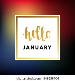 Hello January creative, printable journaling, wedding, winter greeting card. Gold minimal logo in frame on abstract background Vintage modern design for banner, poster, flyer, package template.