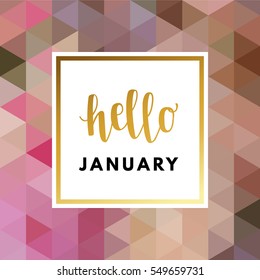 Hello January creative, printable journaling, wedding, winter greeting card. Gold minimal logo in frame on abstract background Vintage modern design for banner, poster, flyer, package template.