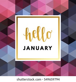 Hello January creative, printable journaling, wedding, winter greeting card. Gold minimal logo in frame on abstract background Vintage modern design for banner, poster, flyer, package template.