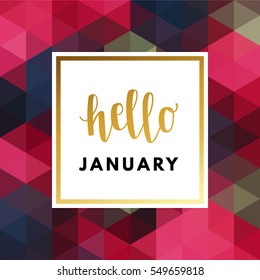 Hello January creative, printable journaling, wedding, winter greeting card. Gold minimal logo in frame on abstract background Vintage modern design for banner, poster, flyer, package template.
