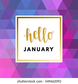 Hello January creative, printable journaling, wedding, winter greeting card. Gold minimal logo in frame on abstract background Vintage modern design for banner, poster, flyer, package template.