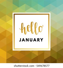 Hello January creative, printable journaling, winter greeting card. Gold minimal logo in frame on abstract background Vintage modern design for banner, poster, flyer, package template.