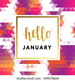 Hello January creative, printable journaling, winter greeting card. Gold minimal logo in frame on abstract background Vintage modern design for banner, poster, flyer, package template.