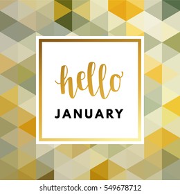 Hello January creative, printable journaling, winter greeting card. Gold minimal logo in frame on abstract background Vintage modern design for banner, poster, flyer, package template.