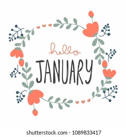 Hello January cute flower wreath vector illustration doodle style