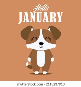 Hello January, A Greeting Card With A Cute And Adorable Dog Animal Image, On A Plain Colored Background That Is Suitable For Template Designs, Invitations, And Other Design Needs.