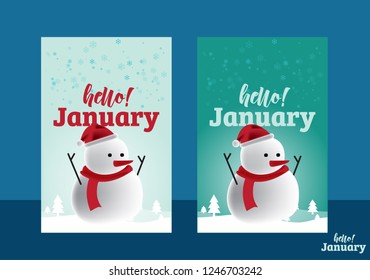Hello January  Greeting Card, snowman, Gift tag label, Vector ESP 10.