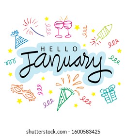 Hello January hand lettering calligraphy. Greeting card.