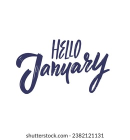 Hello January handwritten blue color style phrase. Winter month sign vector art. Isolated on white background.