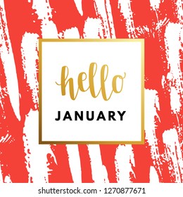 Hello January Hew Year creative, minimal, printable journaling, winter greeting card. Original golden logo in frame on abstract red background. Modern design for banner, poster, flyer, package