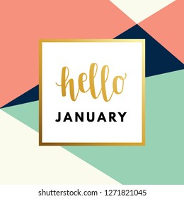 Hello January Hew Year creative, minimal, printable journaling, winter greeting card. Original golden logo in frame on abstract red background. Modern design for banner, poster package template.