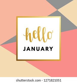 Hello January Hew Year creative, minimal, printable journaling, winter greeting card. Original golden logo in frame on abstract red background. Modern design for banner, poster package template.
