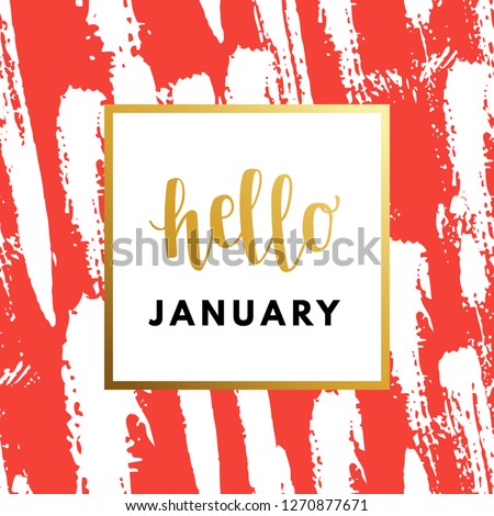 Hello January Hew Year creative, minimal, printable journaling, winter greeting card. Original golden logo in frame on abstract red background. Modern design for banner, poster, flyer, package