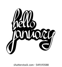 hello january, isolated sticker, calligraphy phrase, words design template, vector illustration