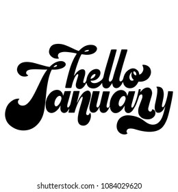 Hello January lettering. Elements for invitations, posters, greeting cards. T-shirt design. Seasons Greetings. 70s typography retro style