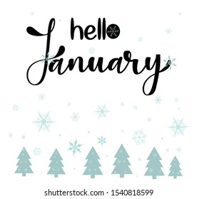 Hello January month with snow covered trees . winter decoration . Illustration month January