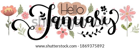 HELLO JANUARY. January month vector with flowers and leaves. Decoration text floral. Hand drawn lettering. Illustration January