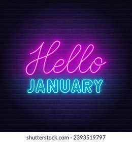 Hello January neon lettering on brick wall background.