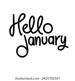 Hello January text banner. Handwriting inscription Hello January in black color square composition. Hand drawn vector art.