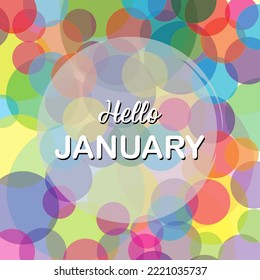 hello january text with colorful circle background. suitable for card, banner, or poster