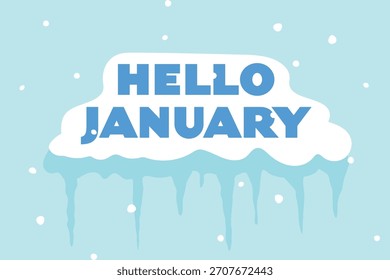 Hola texto de enero en superficie cubierta de nieve con carámbanos, saludo de vacaciones de invierno, temporada fría, escarcha, decoración de gorro de nieve, ilustración de tipografía estacional - Ilustración vectorial