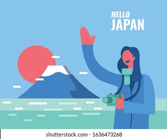 Hello Japan. Happy woman enjoy her trip.   Fuji mountain landscape in background.  flat design elements. vector illustration