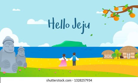 Hello Jeju poster vector illustration. Beautiful mountain Hallasan with meadow and couple in Korean traditional hanbok costume.