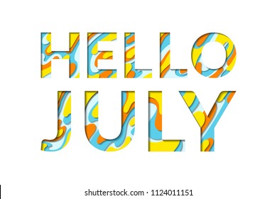 Hello July calligraphic text with paper cut origami effect background. Summer card with greeting to July month papercut text. Hello to summer month inscription cut of paper